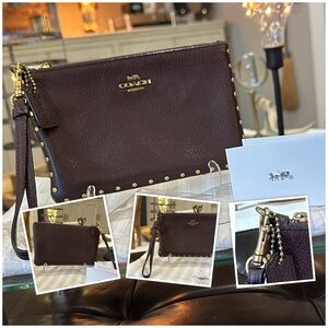 COACH Bordered Rivet Small Wristlet in Oxblood and Brass, VGUC